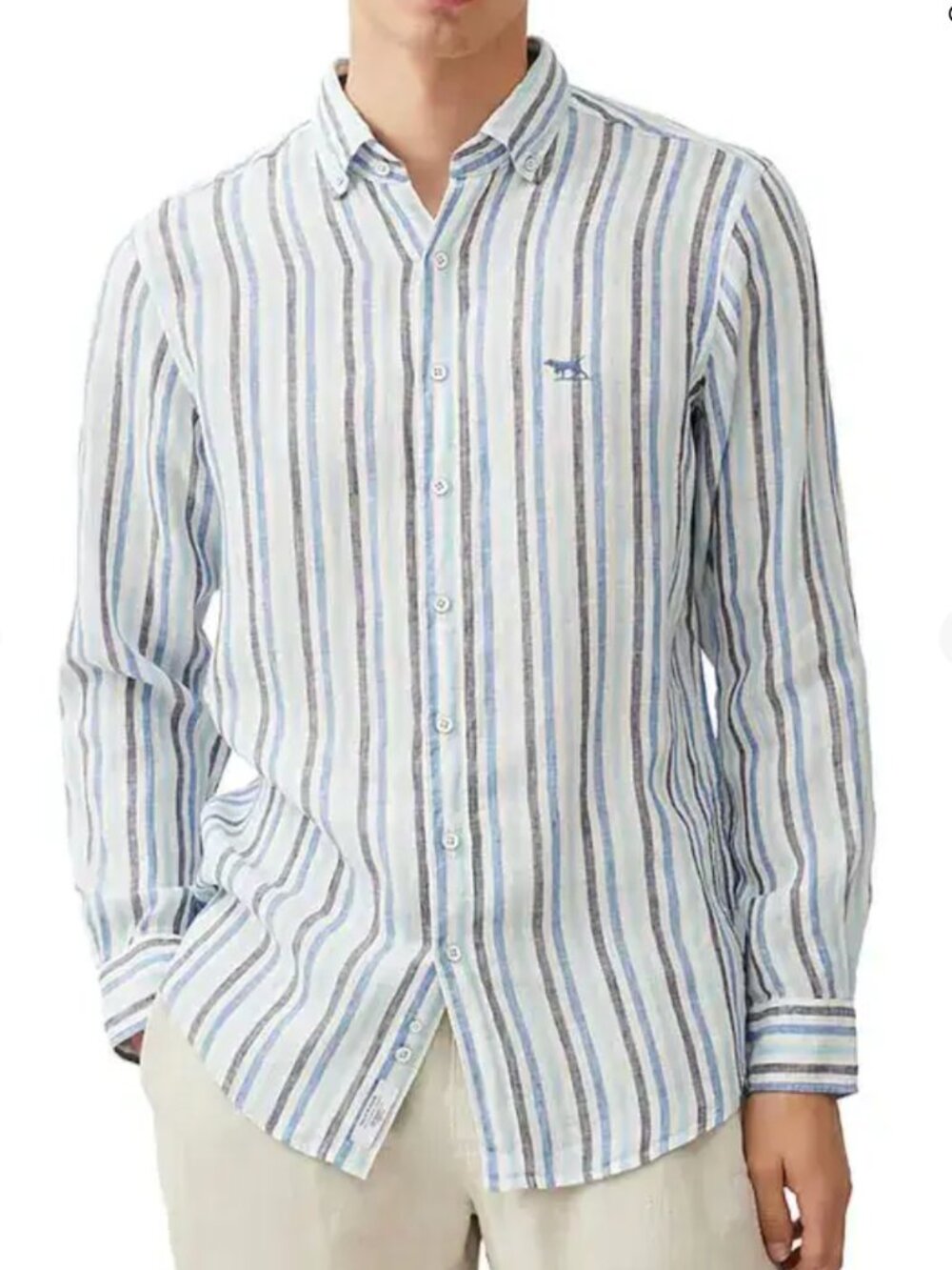 RODD & GUNN  Blue & White Striped Slim Fit Linen Shirt in Medium